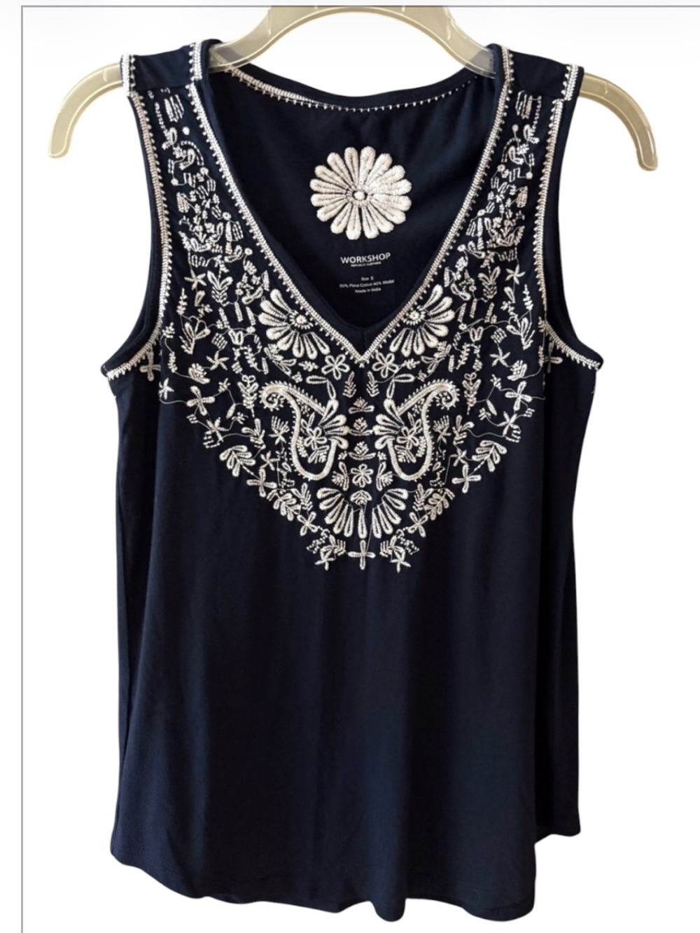 NWOT Workshop Republic Clothing Navy Tank with White Floral Embroidery Size S